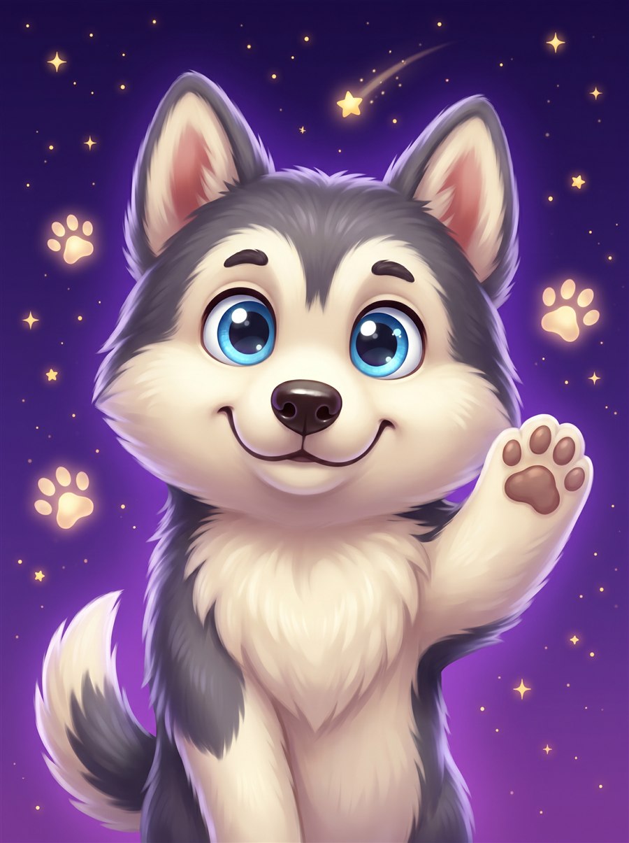 Pigúiça, a husky protagonista de Dogavios, acenando alegremente